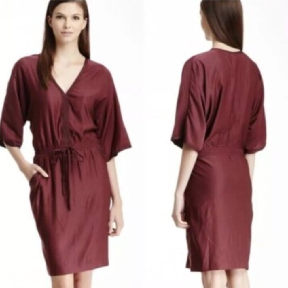BCBGMaxAzria Carmen drawstring kimono dress in a burgundy port color